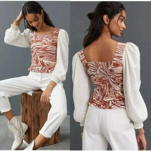 NWT Love The Label for Anthropologie Smocked Puff-Sleeve Blouse Size L
